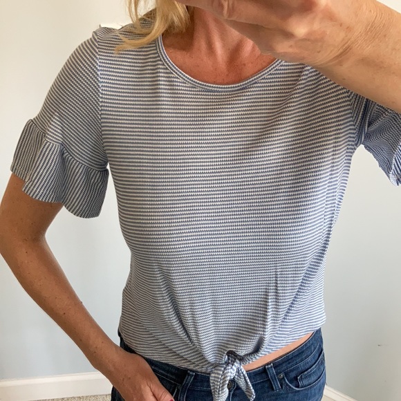 Blue & White Stripe Ruffle Sleeve Top - Picture 6 of 10